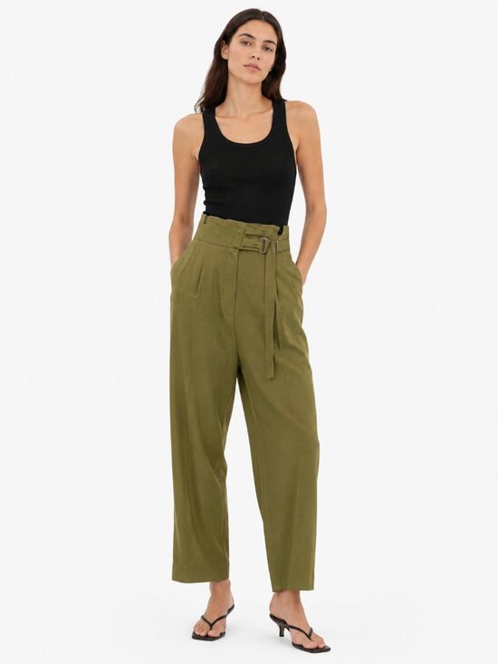 Sandro Pants - SANDRO OLIVE GREEN LINEN BLEND HIGH RISE STRAIGHT LEG PLEATED TROUSER - 0